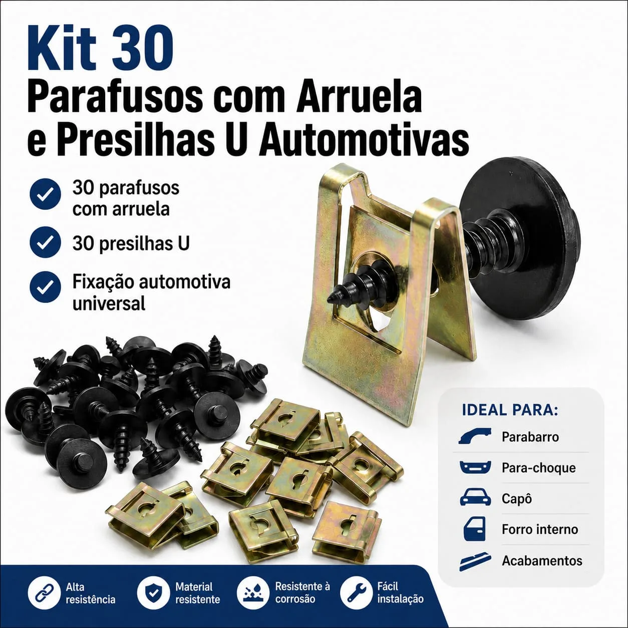 Kit 30 Parafusos com Arruela e Presilhas U Automotivas - Imagem 2