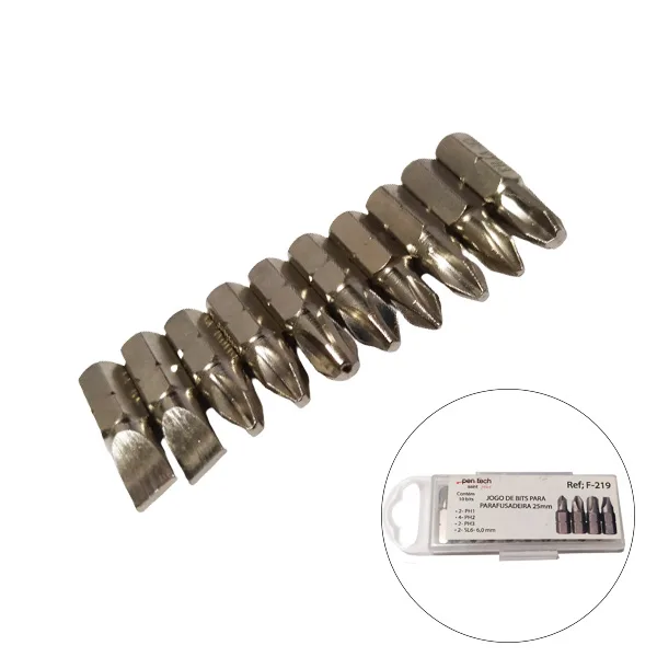 Jogo de Bits com Imã 10 Peças 2,5cm - Fenda / Philips F-219