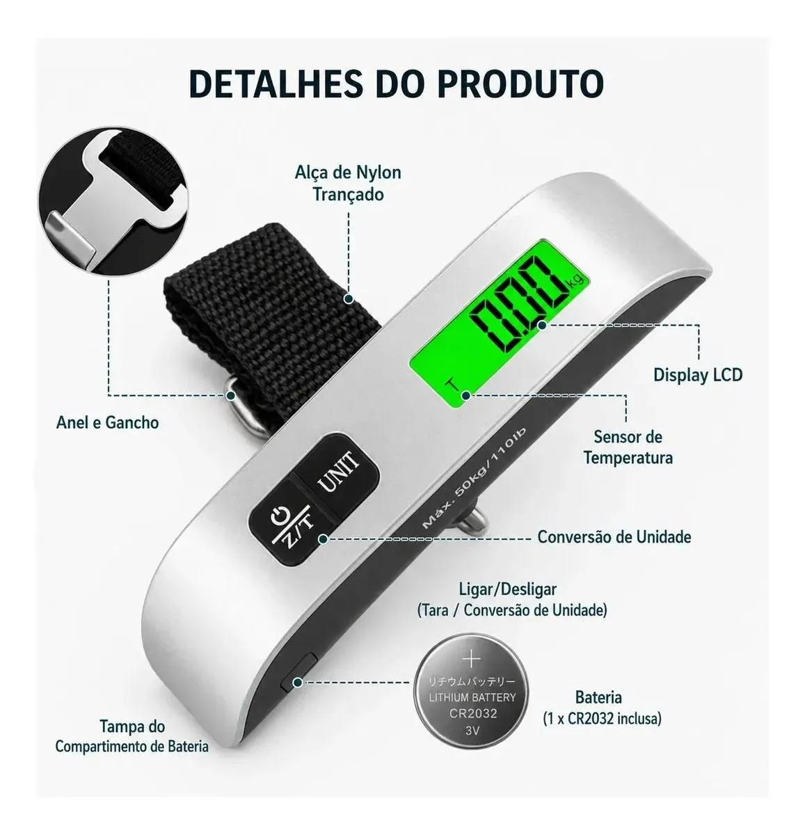 Balança Digital Portátil para Mala e Bagagem 50kg - Imagem 5