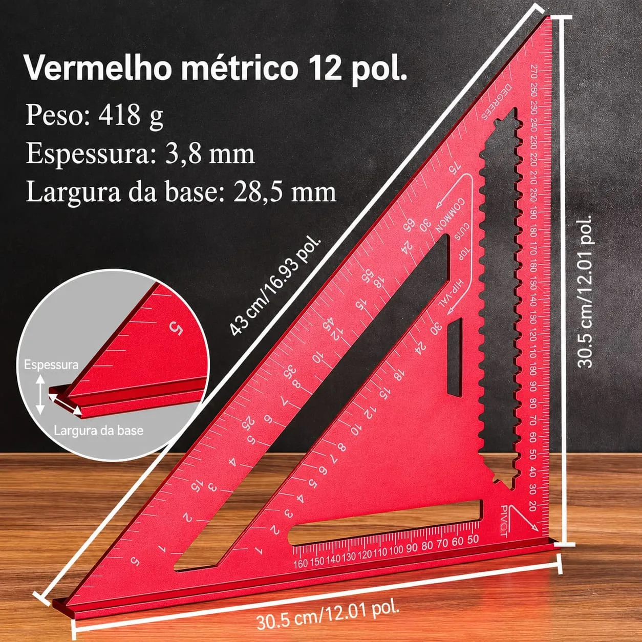 Esquadro Triangular de Alumínio 12 Pol 0 a 90° Marcenaria - Imagem 2