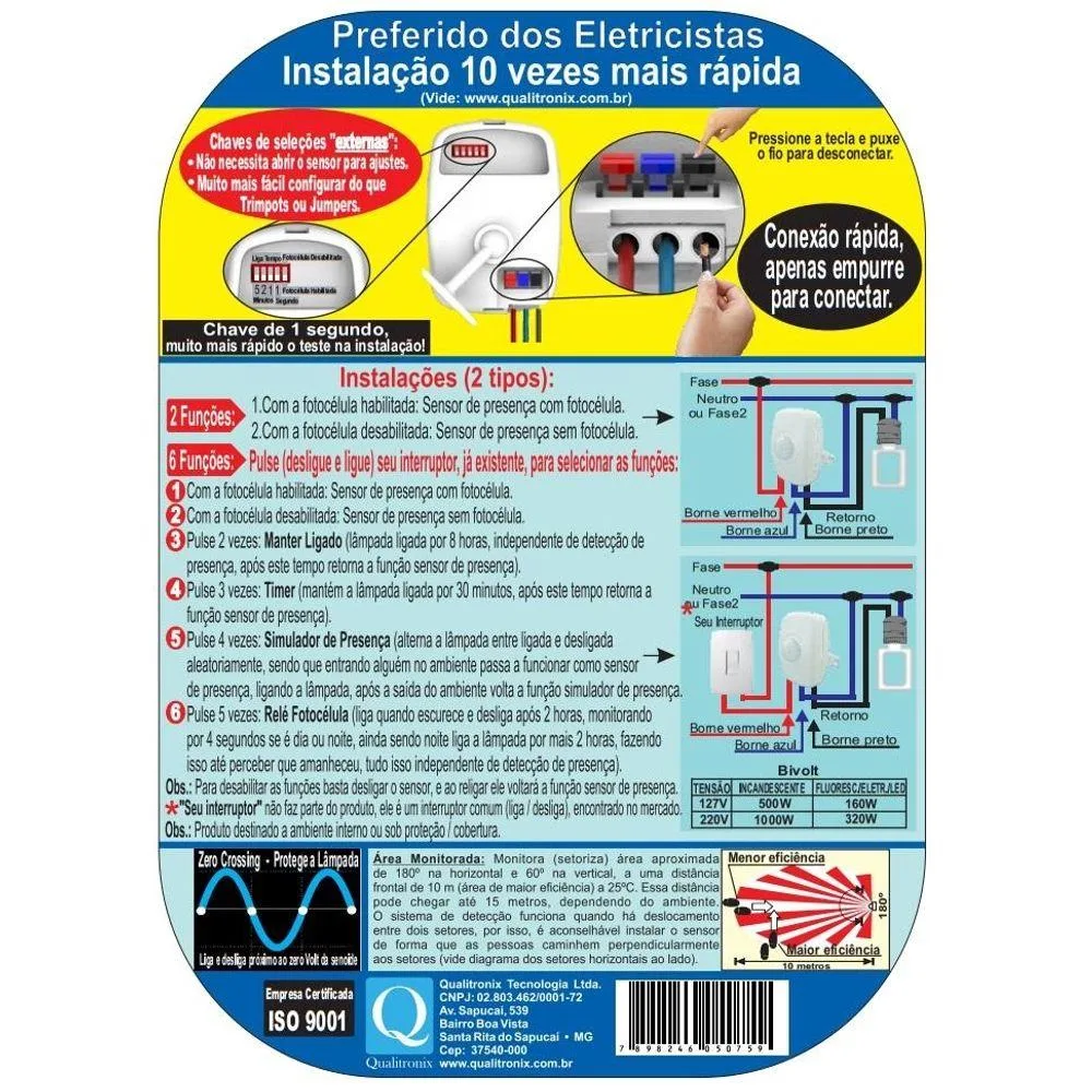 Sensor De Presença Parede Interno Bivolt Qualitronix Qa21M - Imagem 3