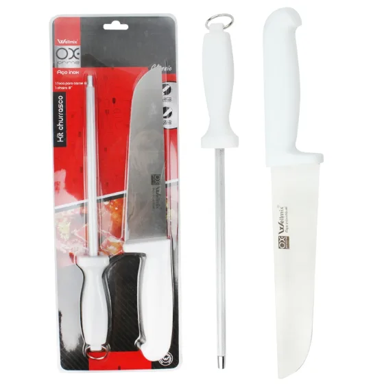 Kit Churrasco Inox com Faca e Chaira 8 polegadas Wellmix