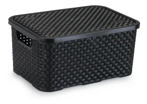 Cesto Organizador Grande Com Tampa - Rattan Preto - Imagem 2