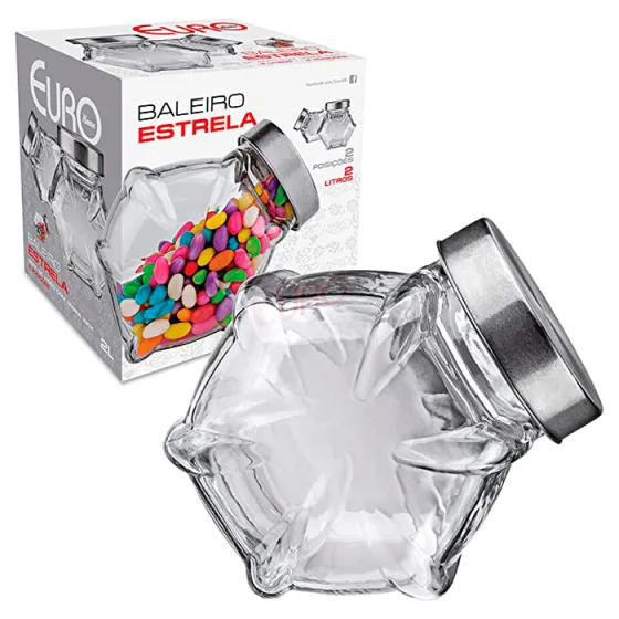 Baleiro De Vidro Estrela Com Tampa Inox 2 Litros Euro