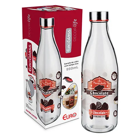 Garrafa de Vidro Decorada Para Leite 950 ml achocolatado