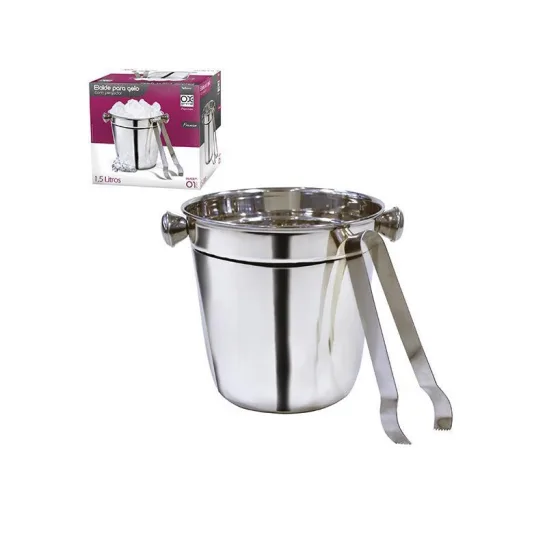 Balde De Gelo De Inox Redonda Com Alca E Pegador 1,5 Litro