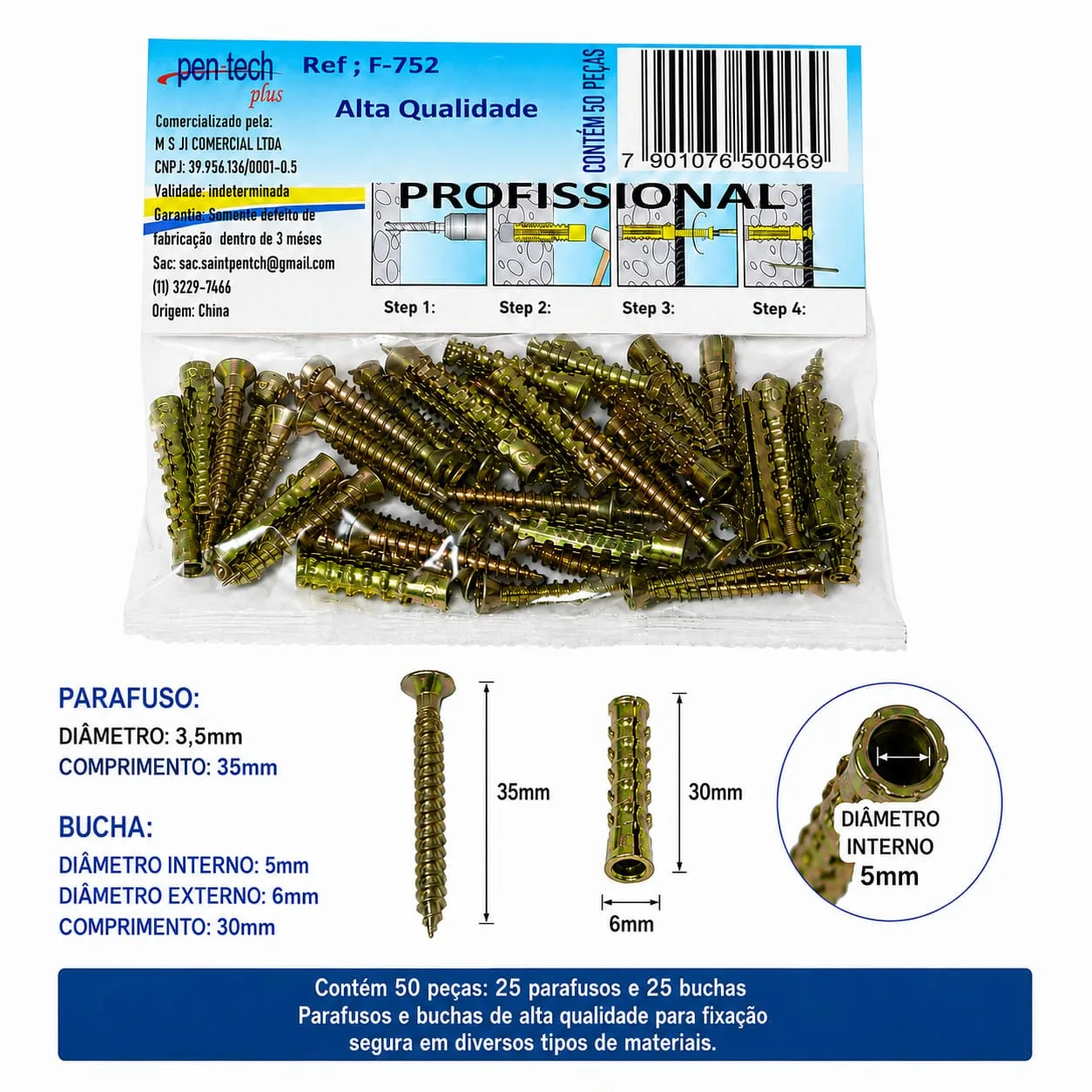 Kit 25 Buchas Metálicas Expansivas 5x30 + 25 Parafusos 3,5x35mm - Imagem 2