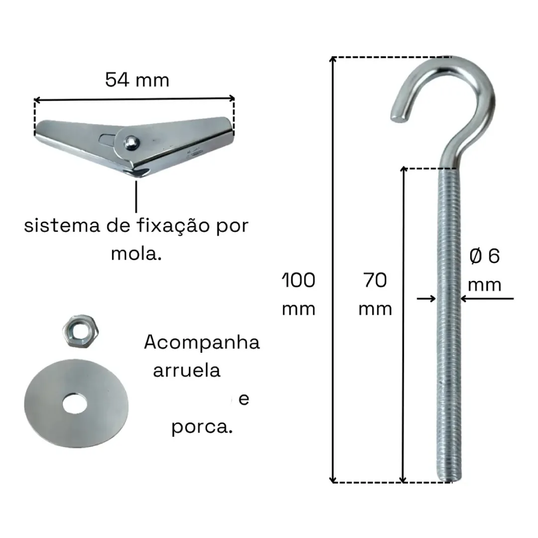 Kit 10 Gancho Aberto Bucha Basculante M6x70mm Teto Drywall - Imagem 3