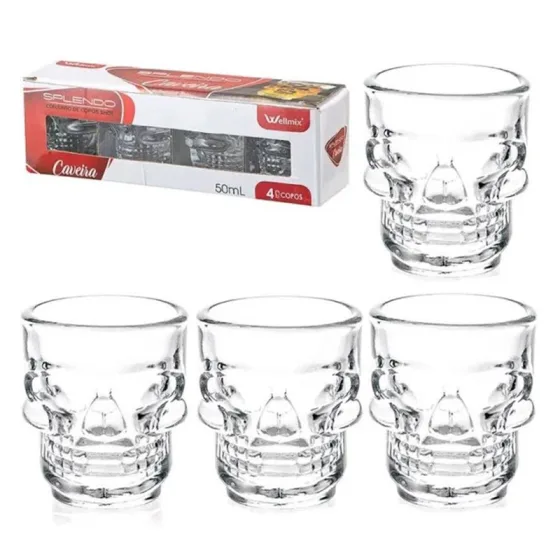 Kit 4 Copos De Vidro Shot Dose Tequila De Caveira 50ml
